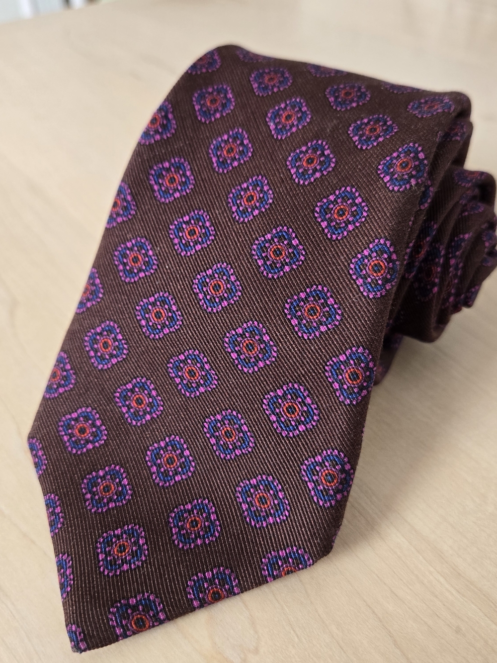 Ted Baker Brown Tie with Purple and Pink Medallion Pattern